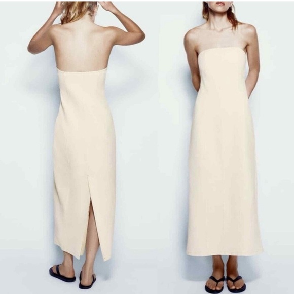 Zara Textured Strapless Tube Midi Dress Ivory Cream Large - Picture 2 of 11
